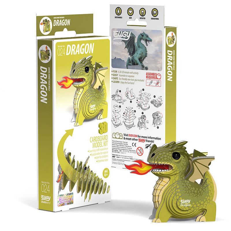 A photo of the product package as well as the completed Dragon 3D puzzle by Eugy, showcasing intricate details and vibrant colors