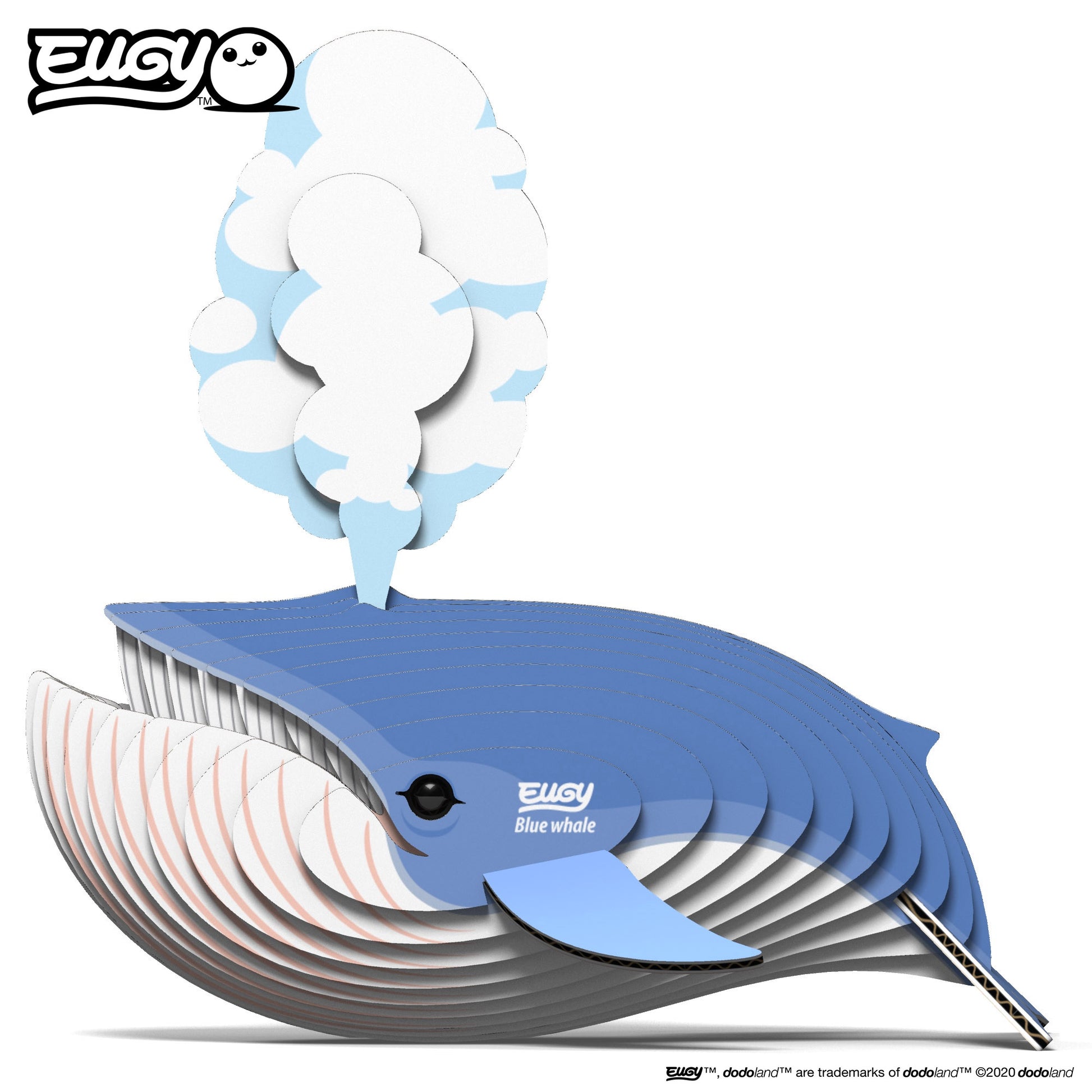 A photo of the completed Blue Whale 3D puzzle by Eugy, showcasing intricate details and vibrant colors