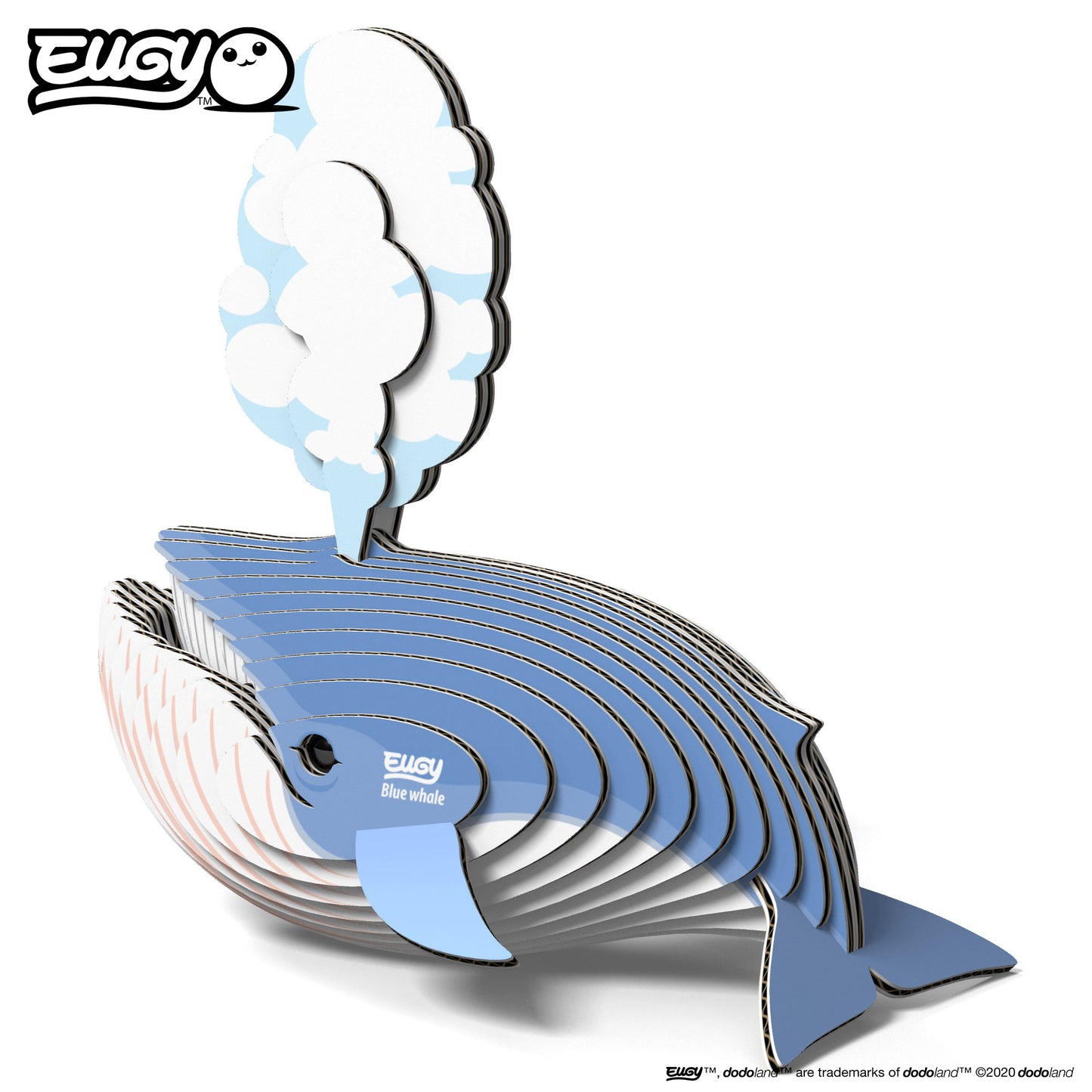 A side view photo of the completed Blue Whale 3D puzzle by Eugy, showcasing intricate details and vibrant colors