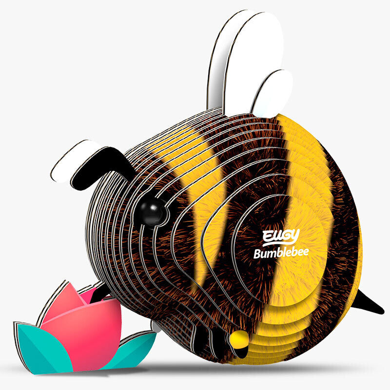 A photo of the assembled Bumblebee 3D puzzle by Eugy, featuring intricate pieces and a lifelike representation of a bumblebee.