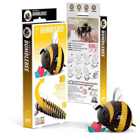 A photo of the product package as well as the assembled Bumblebee 3D puzzle by Eugy, featuring intricate pieces and a lifelike representation of a bumblebee.